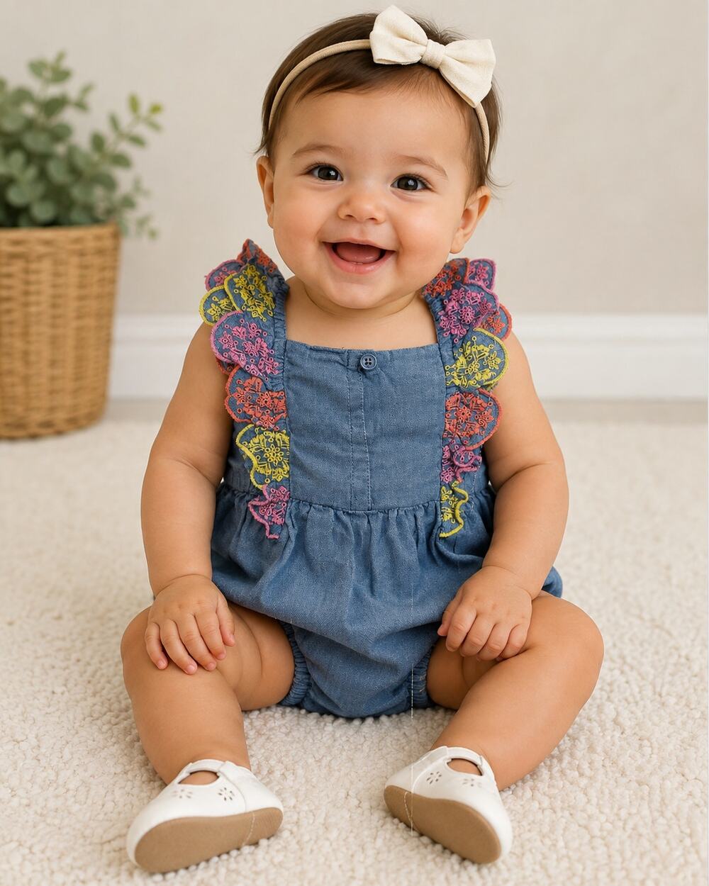 Old Navy Baby Girl Jean Romper Chambray Eyelet Ruffled 6-12 Months